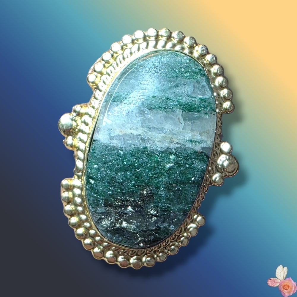 Vintage Moss Agate Statement Ring Green Gold Tone Size 7.25 552